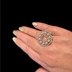 Pearl and Crystal Circle Statement Ring - Silver Tone, SZ 10